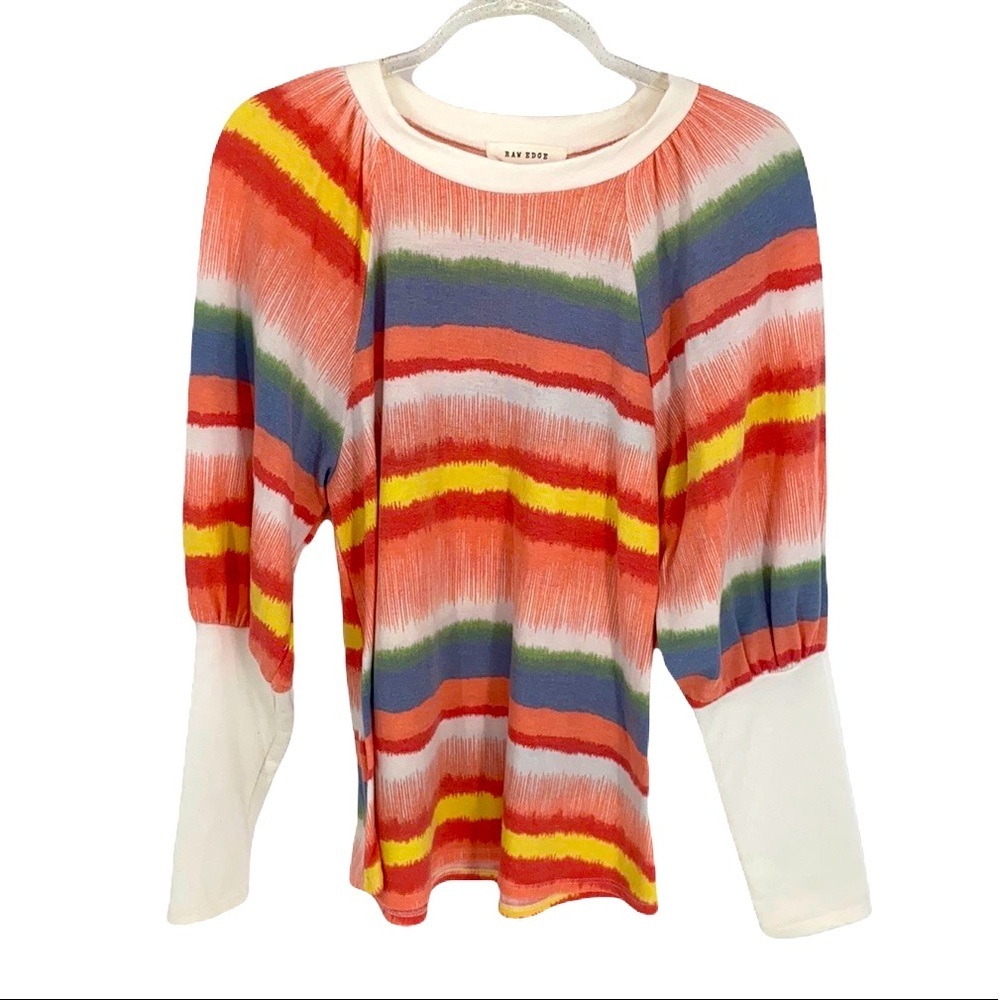 Raw Edge Women's Red/White Striped Balloon Sleeve Crew Neck Shirt Medium